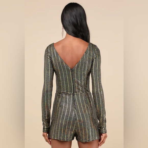 Lulus Sparkling Idea Black And Gold Skort Romper - Size S - Picture 2 of 4